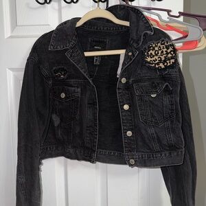 Forever 21 Black Denim Jacket with Leopard Accents